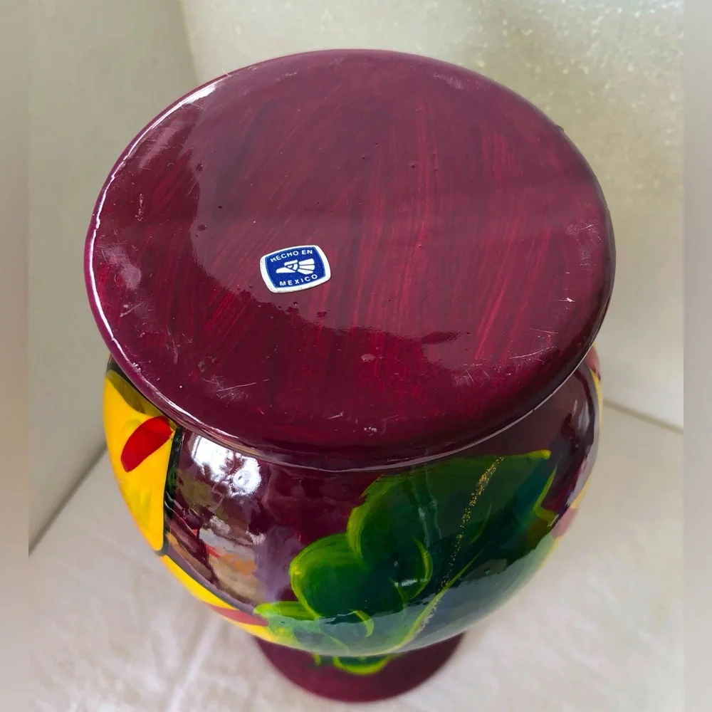 Mexican Folk Art Clay Pottery Vase Hand Painted Bright Flowers & Leaves